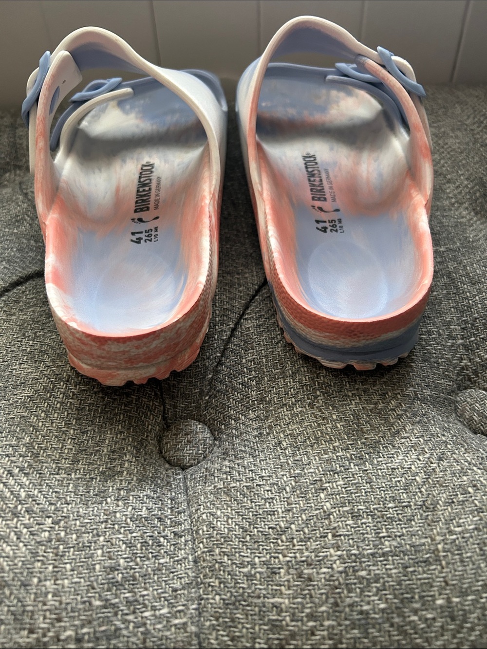 Birkenstock Essentials Arizona Two-Strap Sandals in Light Blue and Coral Swirl - Picture 3 of 5